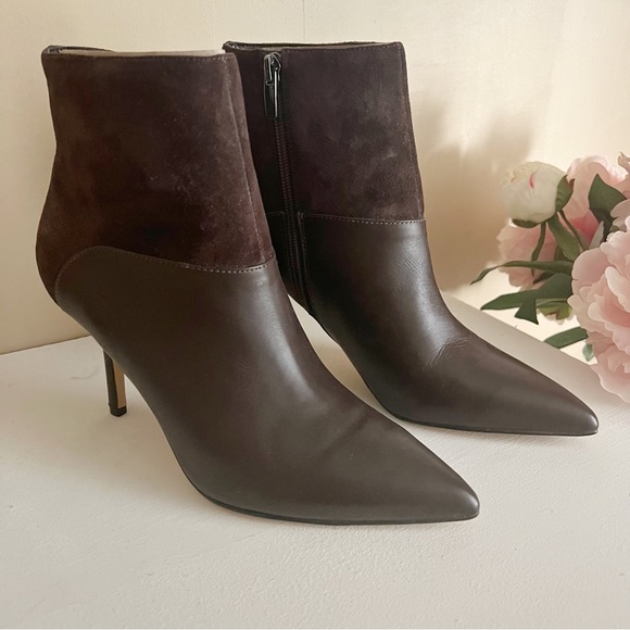 Brown Leather Suede Pointy Zip Ankle Boots - Picture 4 of 13